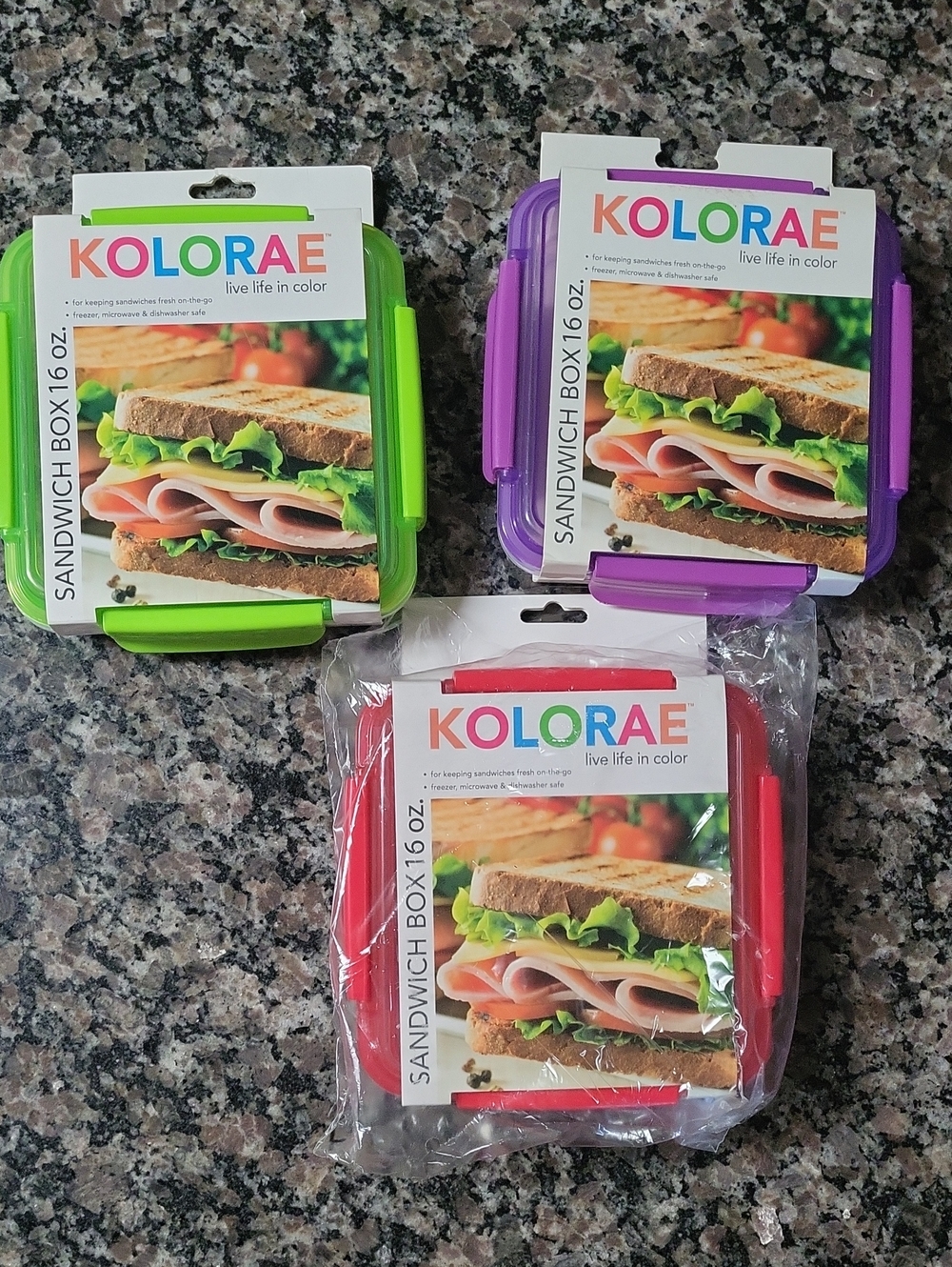 Lot of 3 Kolorae 16 oz sandwich box freezer, microwave & dishwasher safe new tag